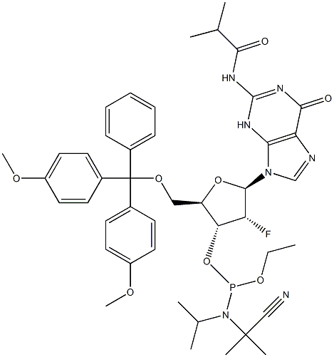 5'-O-[Bis(4-methoxyphenyl)phenylmethyl]-2'-deoxy-2'-fluoro-N-(2-methyl-1-oxopropyl)guanosine 3'-[2-cyanoethyl N,N-bis( 1-மெத்தில்தைல்) பாஸ்போராமைடைட்]